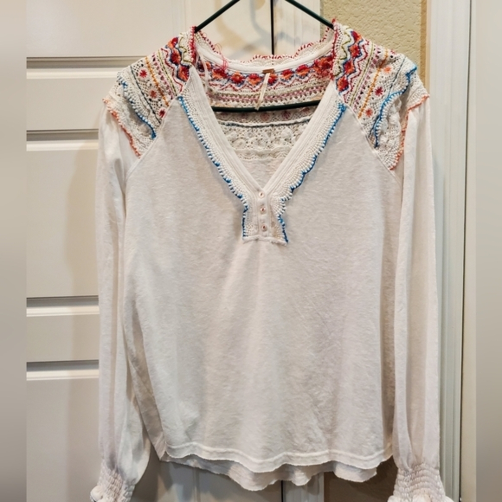 Free People Ivory Long Sleeve Top with Colorful Embroidered Yoke